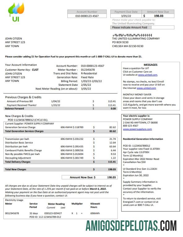 Em branco EUA Massachusetts Chelsea UI The United Illuminating Company Modelo Word e PDF de conta de serviços públicos